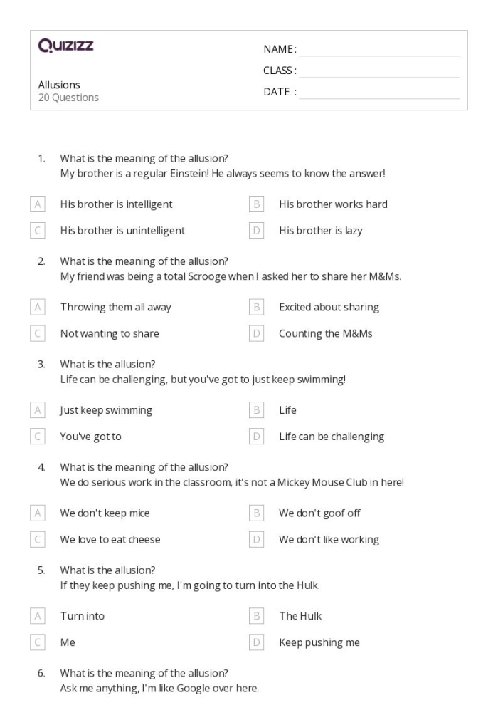 A seventh grade student completing a worksheet exercise that asks them to identify and explain the meanings of common allusions using context clues from sentences
