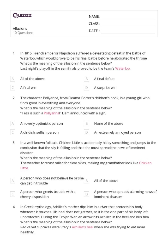 Seventh grade student analyzing sentence context clues to define common allusions in a life science worksheet