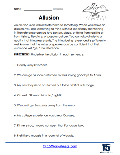 Seventh grade student completing a worksheet exercise about identifying and interpreting common allusions using context clues and background knowledge