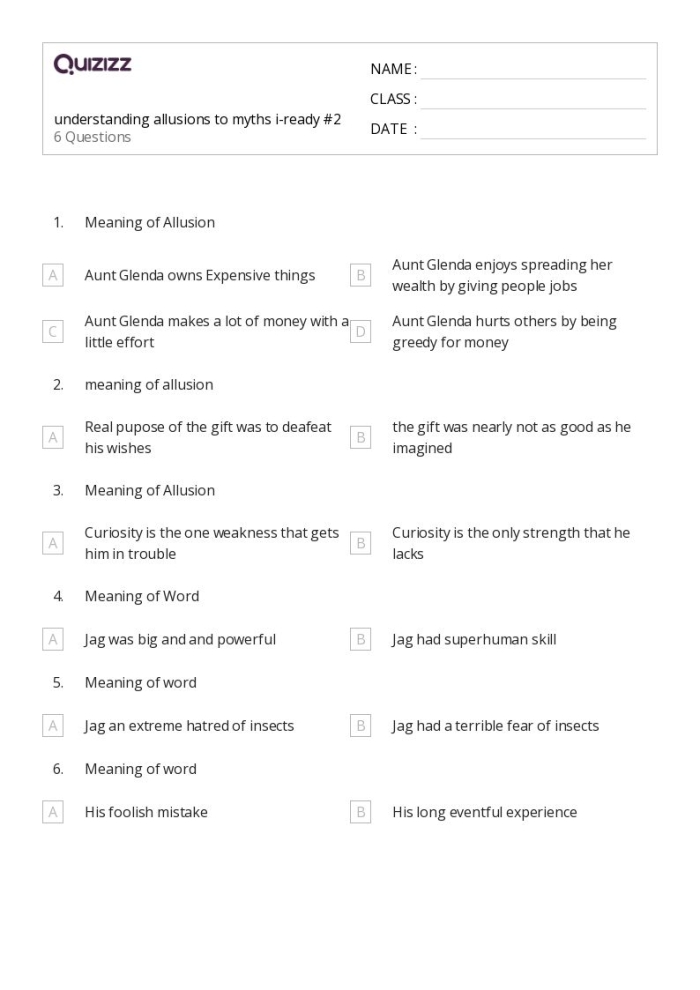 Seventh grade students completing a worksheet exercise on identifying and interpreting common allusions using context clues and background knowledge
