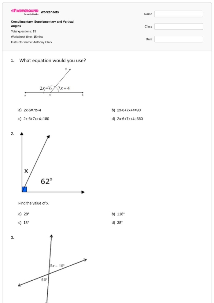 Seventh grade geometry worksheet featuring practice problems on identifying complementary supplementary vertical and adjacent angles