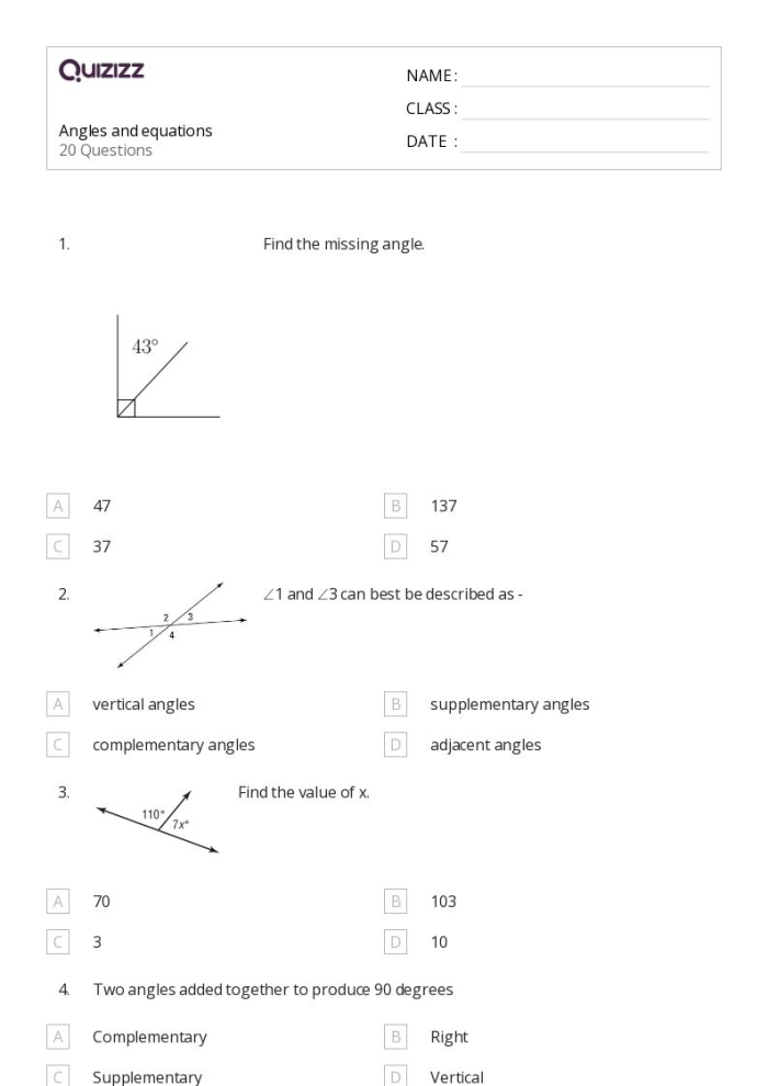 Worksheet for identifying complementary, supplementary, vertical, and adjacent angles for seventh graders