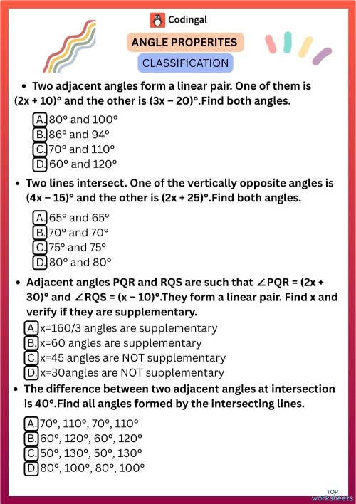 Seventh grade geometry worksheet featuring various angle relationship problems for students