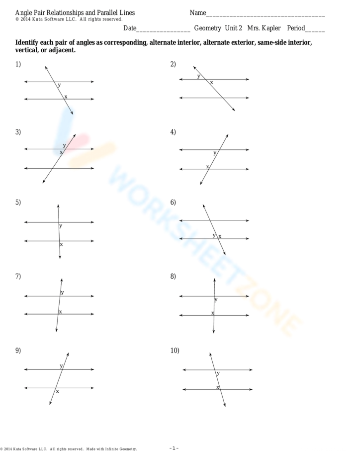 Worksheet illustrating angle relationships for seventh-grade students