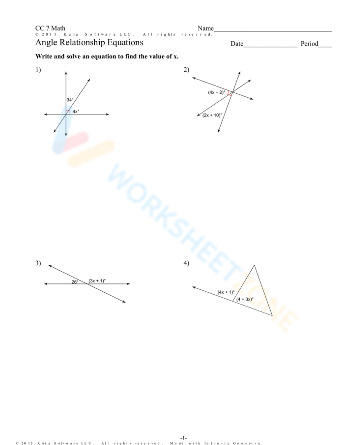 Angle Relationships Handout worksheet for seventh-grade geometry students