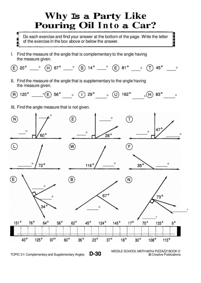 Worksheet on complementary and supplementary angles for seventh-grade geometry students