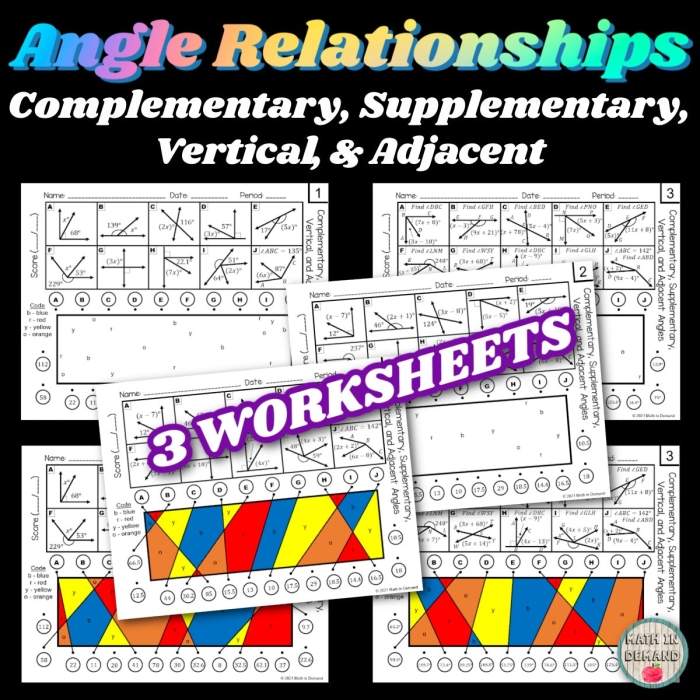 Seventh grade geometry worksheet featuring practice problems on identifying complementary, supplementary, vertical, and adjacent angles