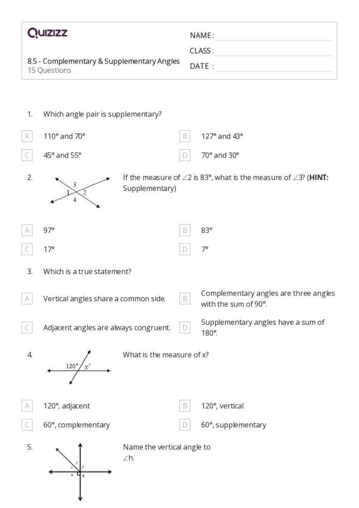 Seventh grade math worksheet focusing on identifying complementary and supplementary angles