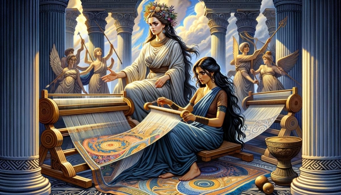 Seventh grade reading comprehension worksheet featuring a passage about the Greek myth of Arachne and the weaving contest