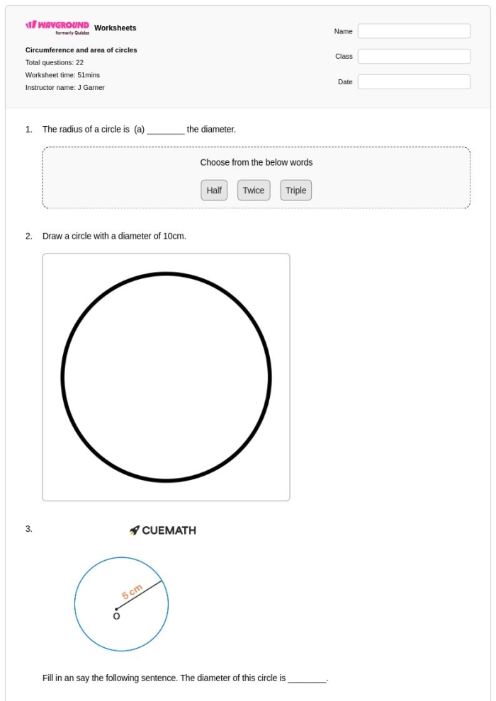 Seventh grade math worksheet featuring geometry problems for calculating the area of circles with decimal measurements