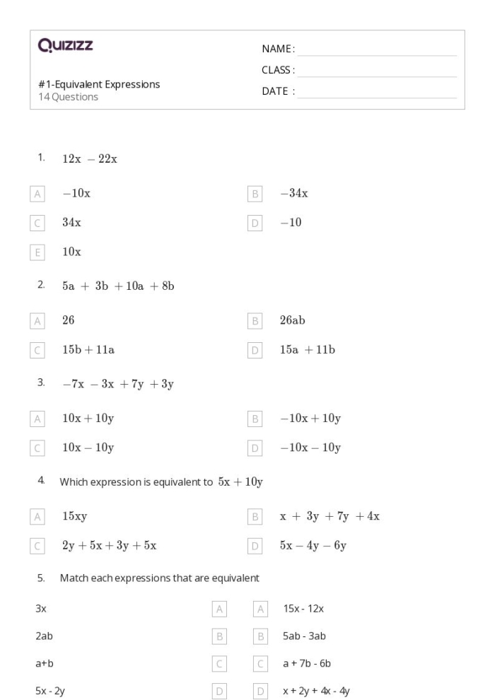 A Day at the Beach: Worksheet for Identifying Equivalent Expressions in Algebra Seventh-grade algebra worksheet focused on identifying and writing equivalent expressions for a beach-themed activity