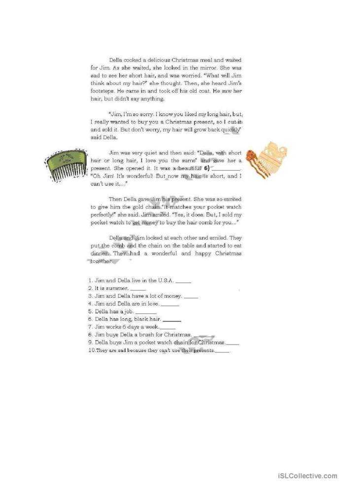 Seventh grade reading comprehension worksheet featuring a two-page adaptation of The Gift of the Magi with literary analysis questions