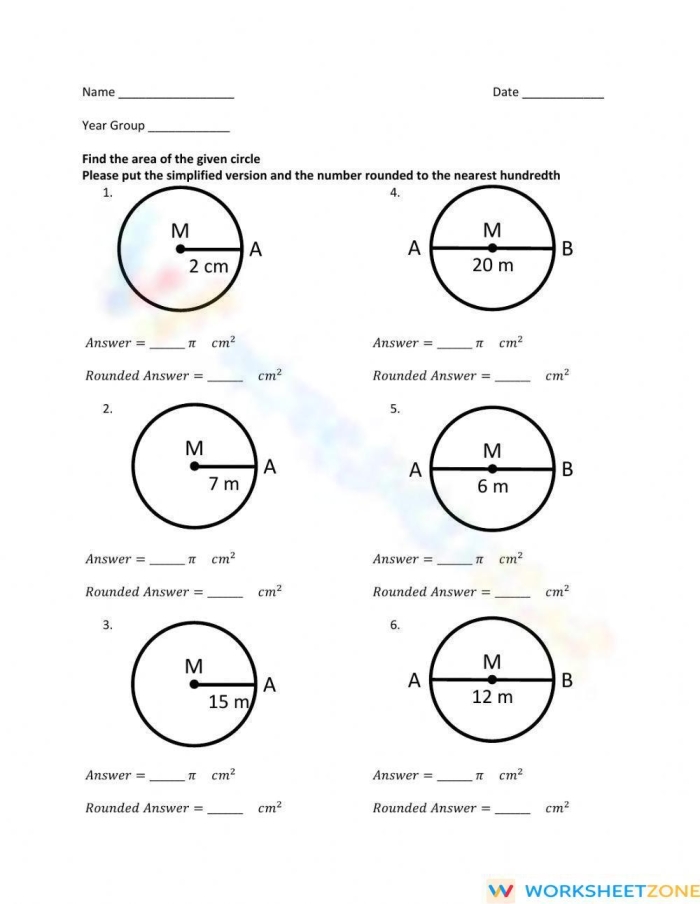 Seventh grade math worksheet featuring geometry problems for calculating the area of circles