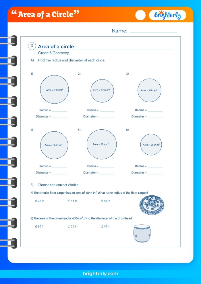 A seventh grade geometry worksheet featuring various circles with measurement labels to practice calculating area