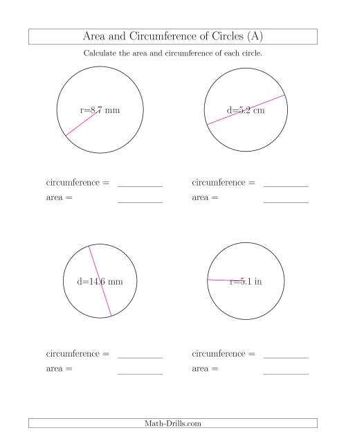Worksheet for practicing the area of circles in a seventh-grade geometry class