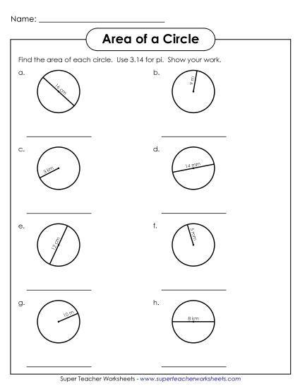 Seventh grade math worksheet featuring geometry problems for calculating the area of circles with decimals
