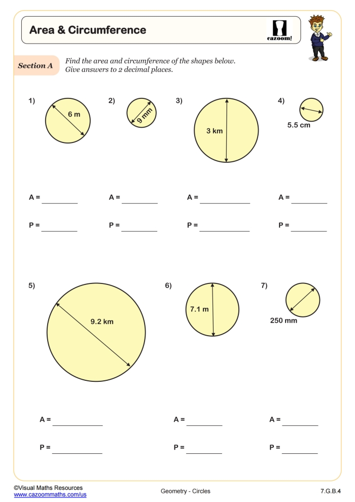 Seventh grade student worksheet focusing on calculating the area of circles