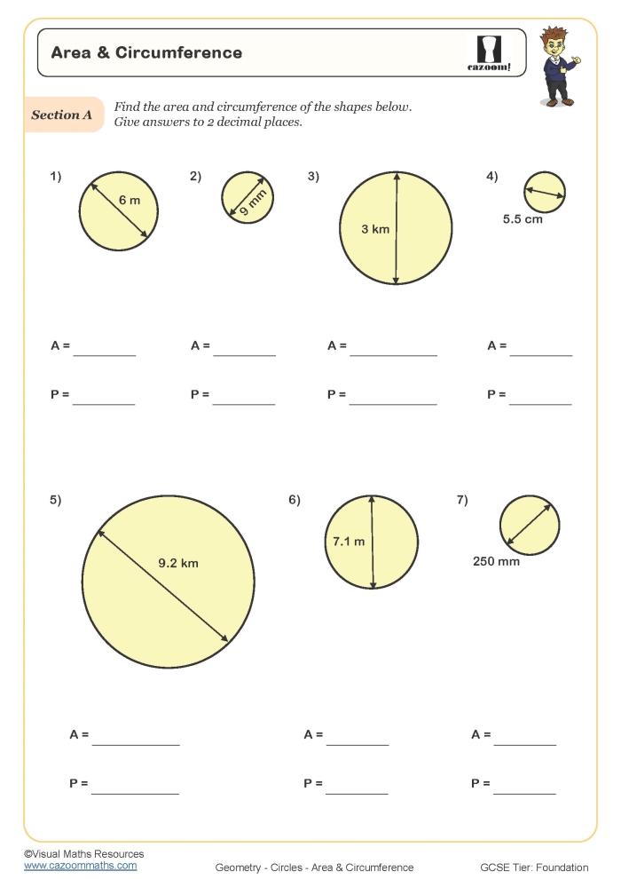 Calculating Area of Circles Pi Radius Squared Practice Worksheet 6 Seventh grade math worksheet featuring geometry problems for calculating circle area using pi times radius squared