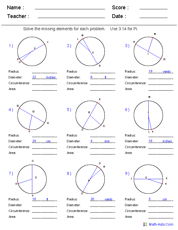 Worksheet for calculating the area of circles tailored for seventh-grade students