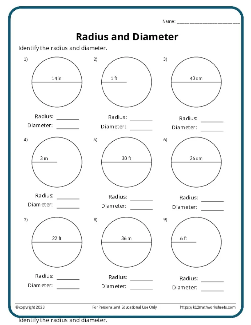 Seventh-grade geometry worksheet focusing on calculating the area of circles with decimals