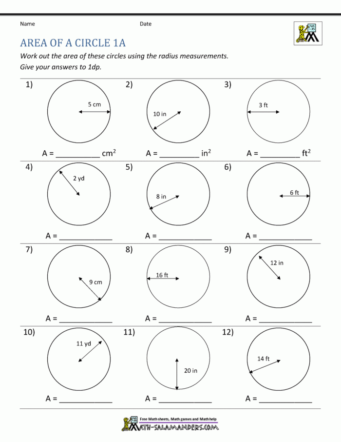 Seventh grade math worksheet featuring geometry problems for calculating the area of circles with decimals
