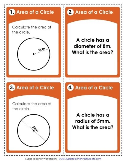Seventh-grade geometry worksheet focused on calculating the area of circles using decimals