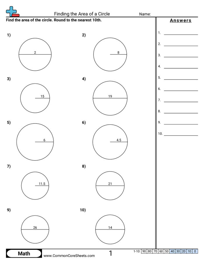 Seventh grade math worksheet featuring geometry problems about calculating the area of circles