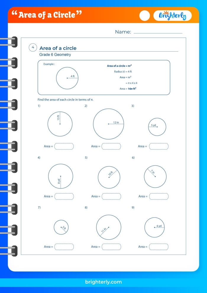 Worksheet for seventh graders practicing how to find the area of circles