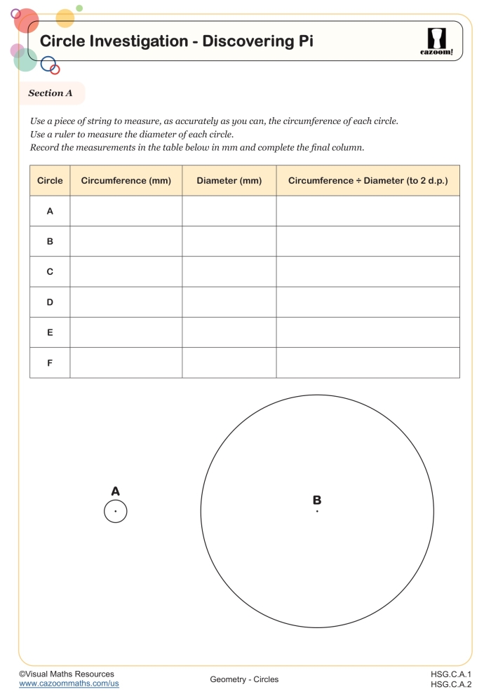 Calculating Area of Circles Worksheet Number 19 Seventh grade math worksheet focusing on calculating circle area using the pi radius squared formula