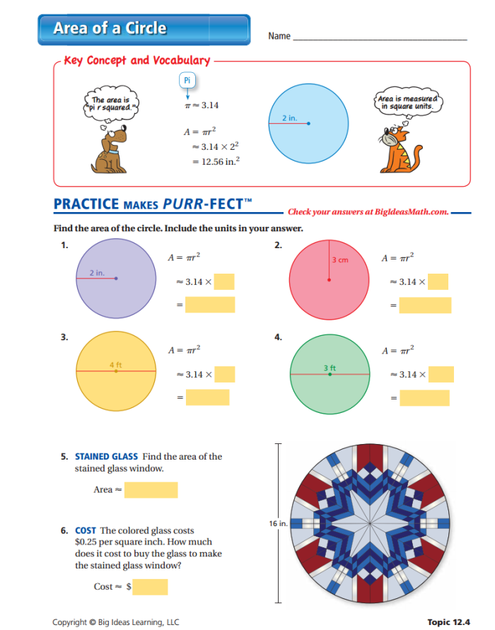 Worksheet for practicing area calculations of circles for seventh-grade students