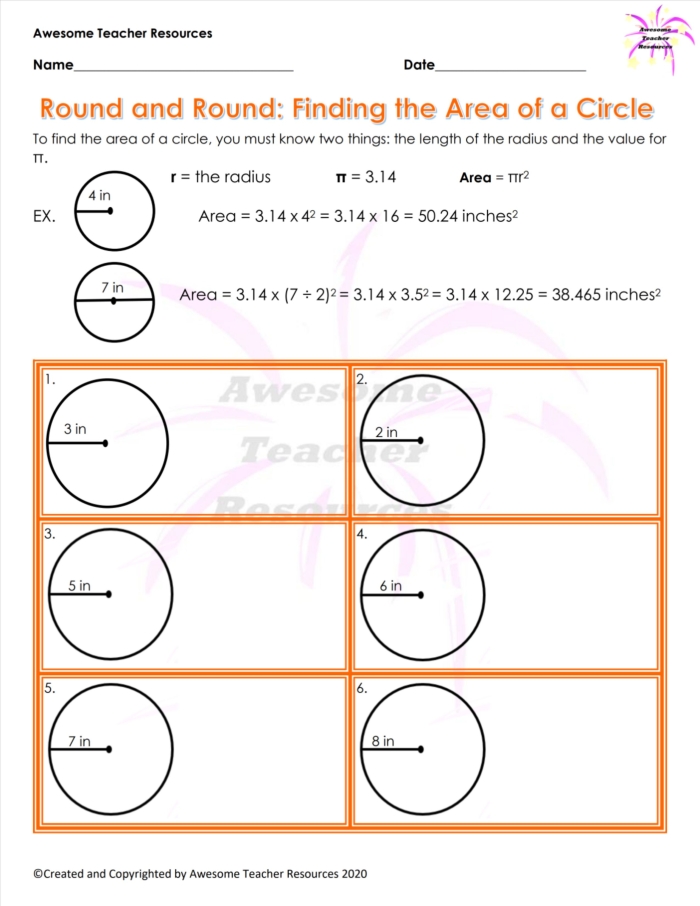 Worksheet for calculating the area of circles designed for seventh-grade geometry students