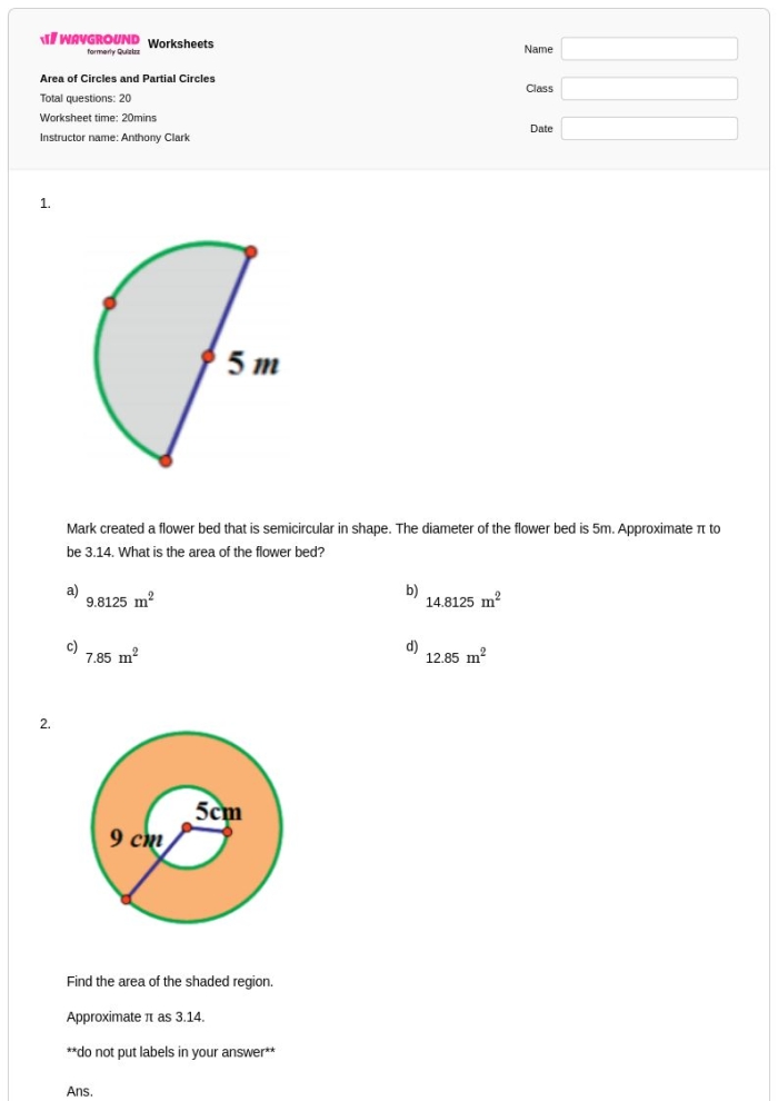 Seventh grade geometry worksheet featuring area of circles problems with decimal values