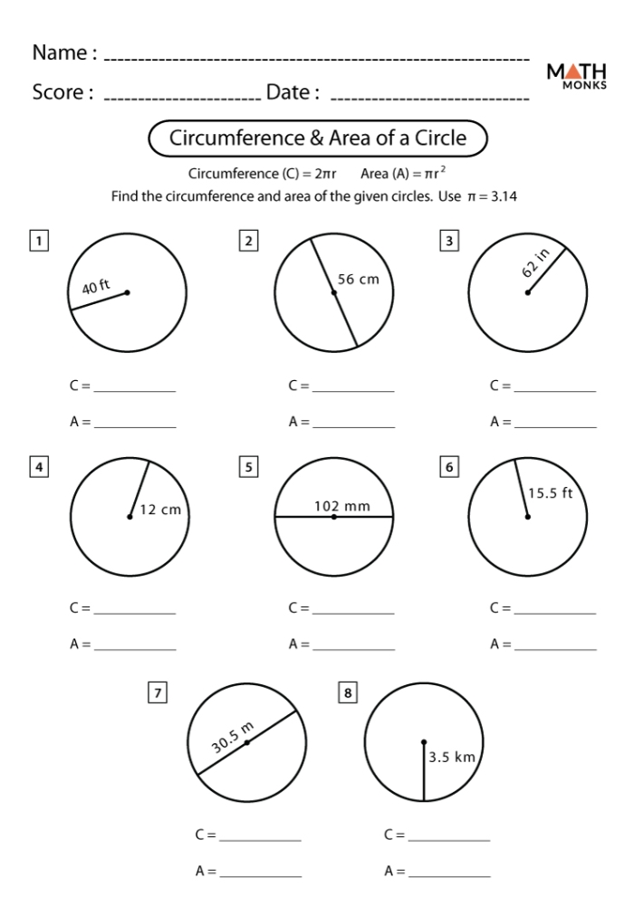 Worksheet for calculating the circumference of circles designed for seventh-grade students
