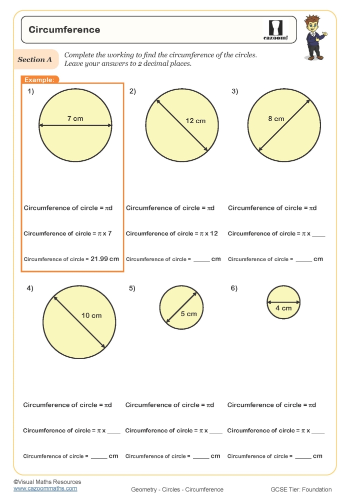 Worksheet for seventh graders to practice calculating the circumference of circles