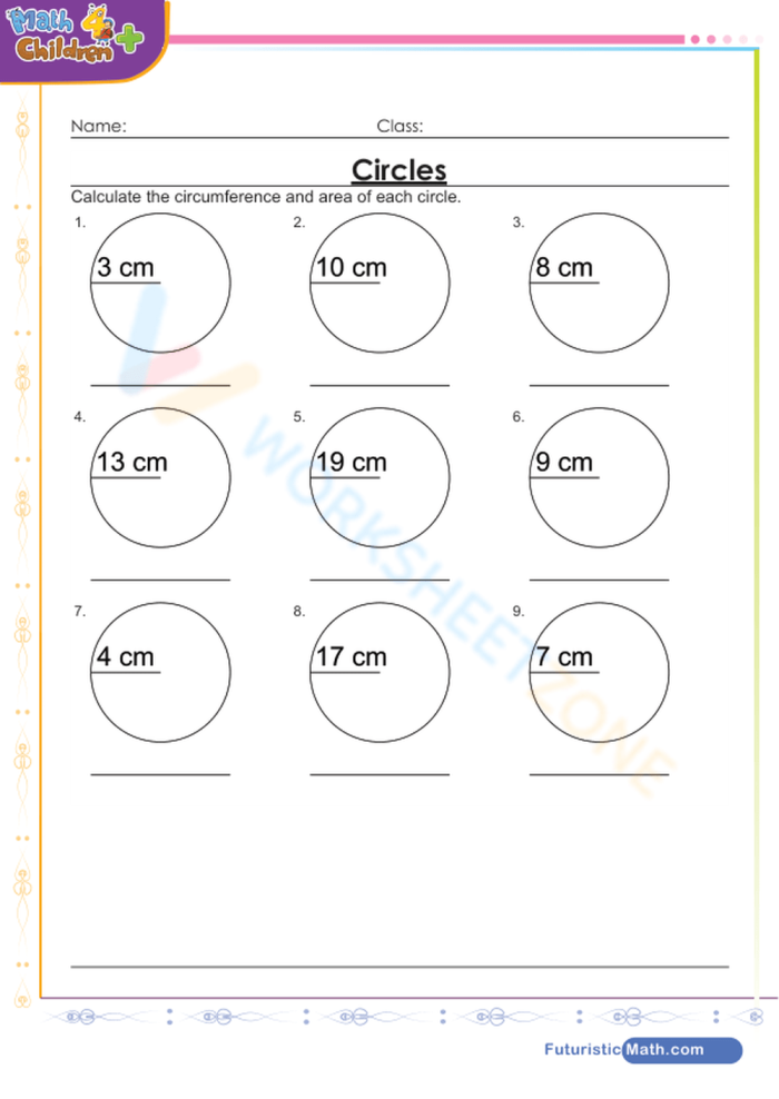 Worksheet for seventh graders practicing circle circumference calculations