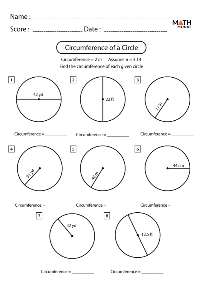 Circumference of Circles worksheet for seventh-grade math students