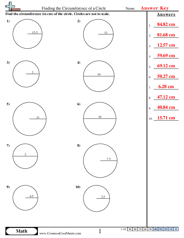 Seventh grade math worksheet featuring practice problems on the circumference of circles