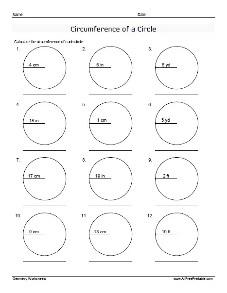 Seventh grade math students practicing geometry by finding the circumference of circles on a worksheet