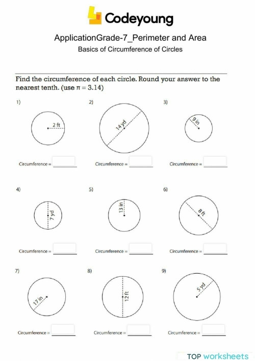Seventh grade math worksheet focusing on calculating the circumference of circles
