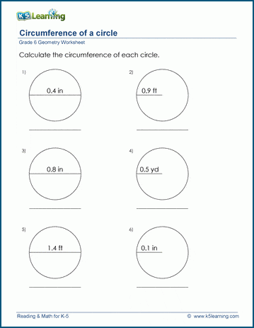 Seventh grade math worksheet featuring step by step exercises for calculating the circumference of circles