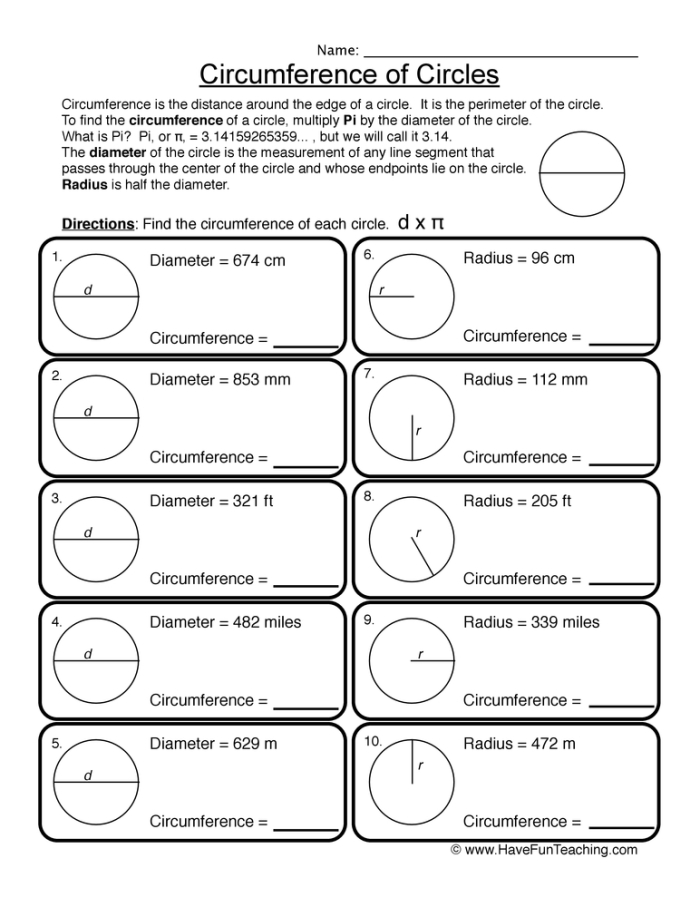 Seventh-grade math worksheet focused on calculating the circumference of circles