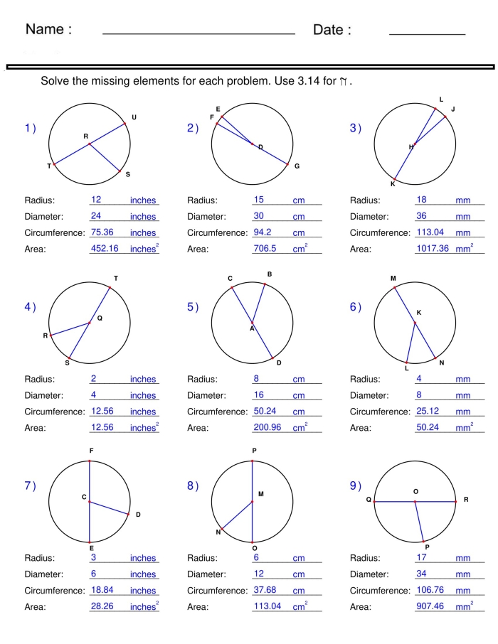 Seventh-grade math worksheet for practicing the circumference of circles