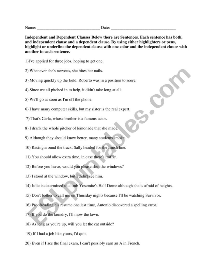 Seventh-grade worksheet featuring sentences for identifying dependent and independent clauses