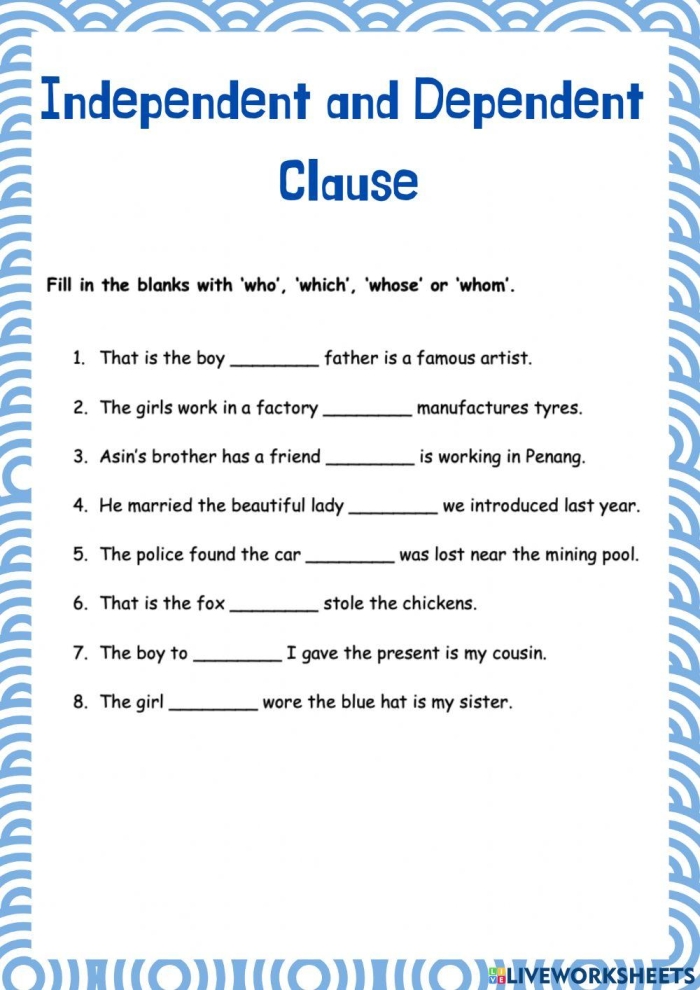Seventh grade grammar worksheet focusing on identifying dependent and independent clauses in complex sentences