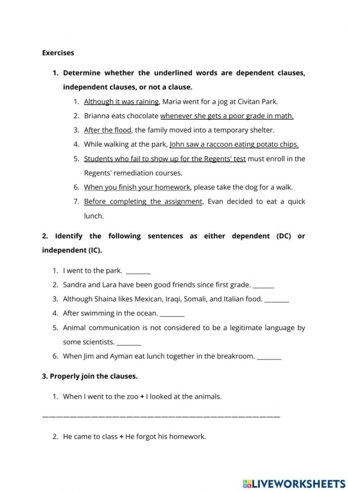 Seventh grade grammar worksheet showing complex sentence exercises for identifying dependent and independent clauses