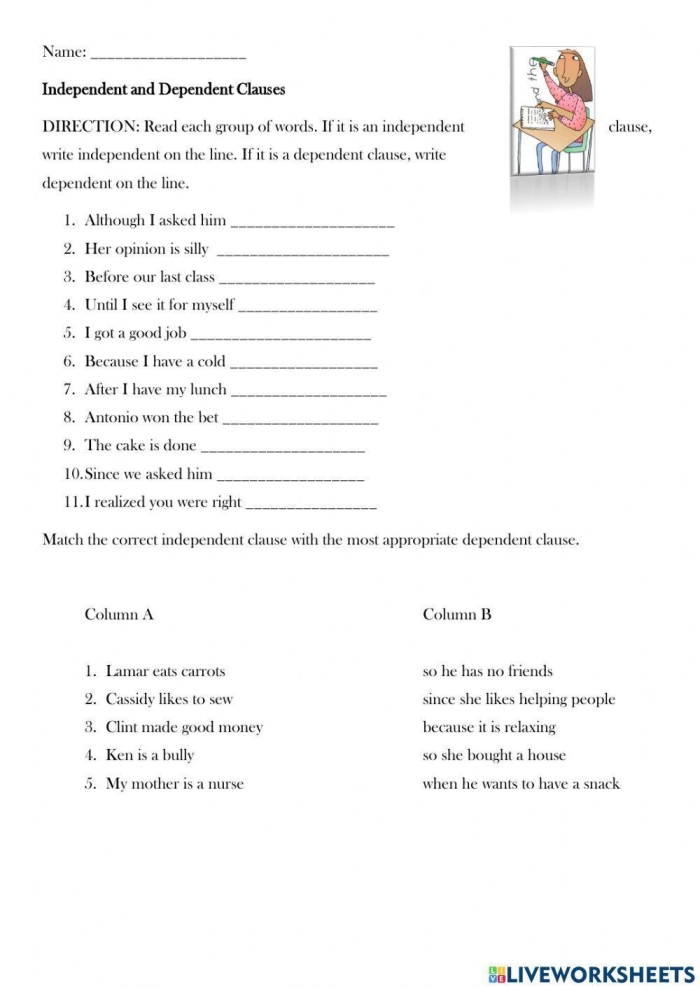 Seventh-grade worksheet focusing on identifying dependent and independent clauses in sentences