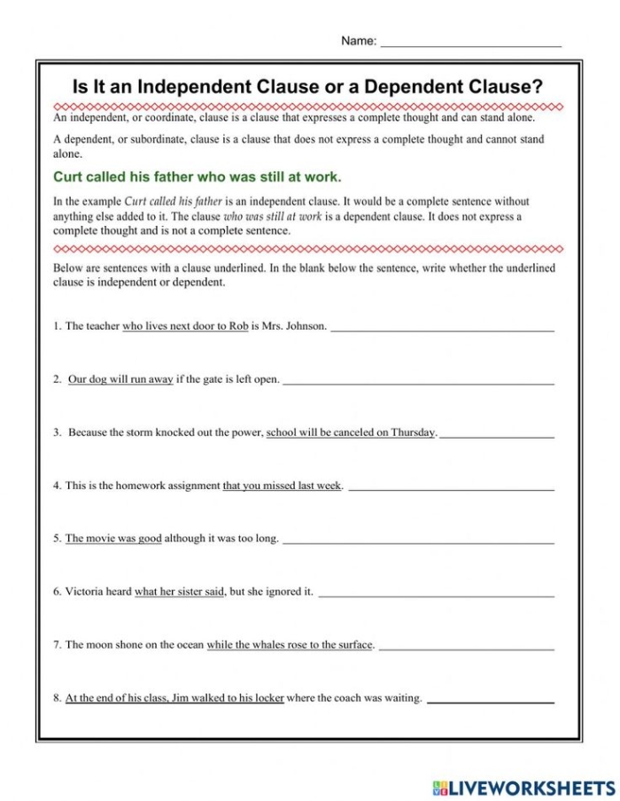 Seventh-grade grammar worksheet focusing on identifying dependent and independent clauses in sentences