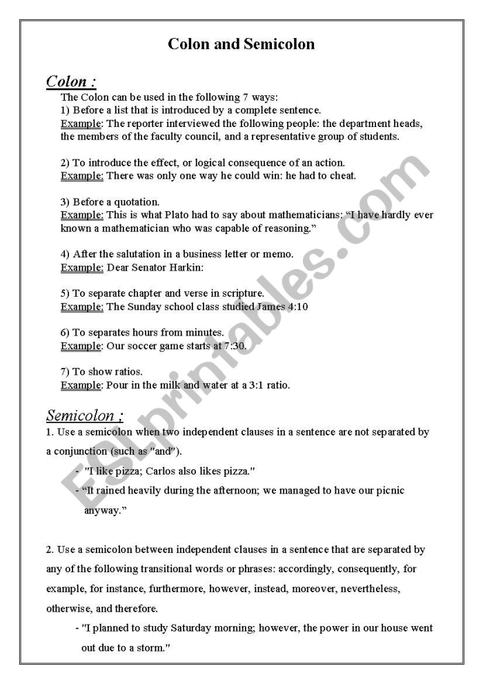 Seventh grade students practice placing colons correctly in this punctuation worksheet 18