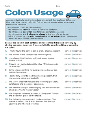 Colon Usage worksheet for seventh graders, focusing on mastering the punctuation mark. Image 3 showcasing practice exercises for students.