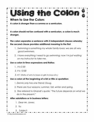 Worksheet for practicing colon usage in seventh-grade place value lessons